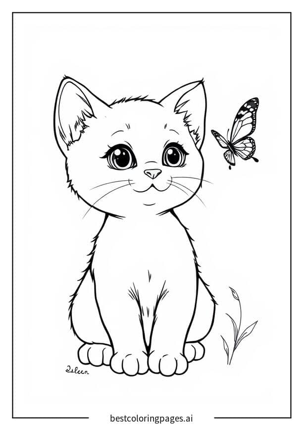 Kitten Watching a Butterfly Coloring Page