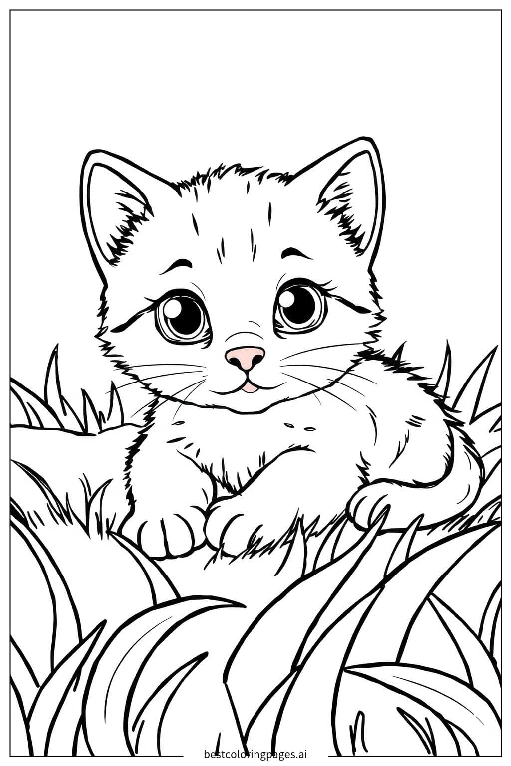 Kitten Resting on Grass Coloring Page