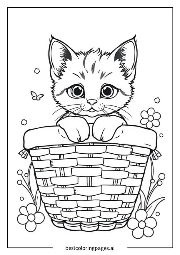 Kitten in a Basket Coloring Page