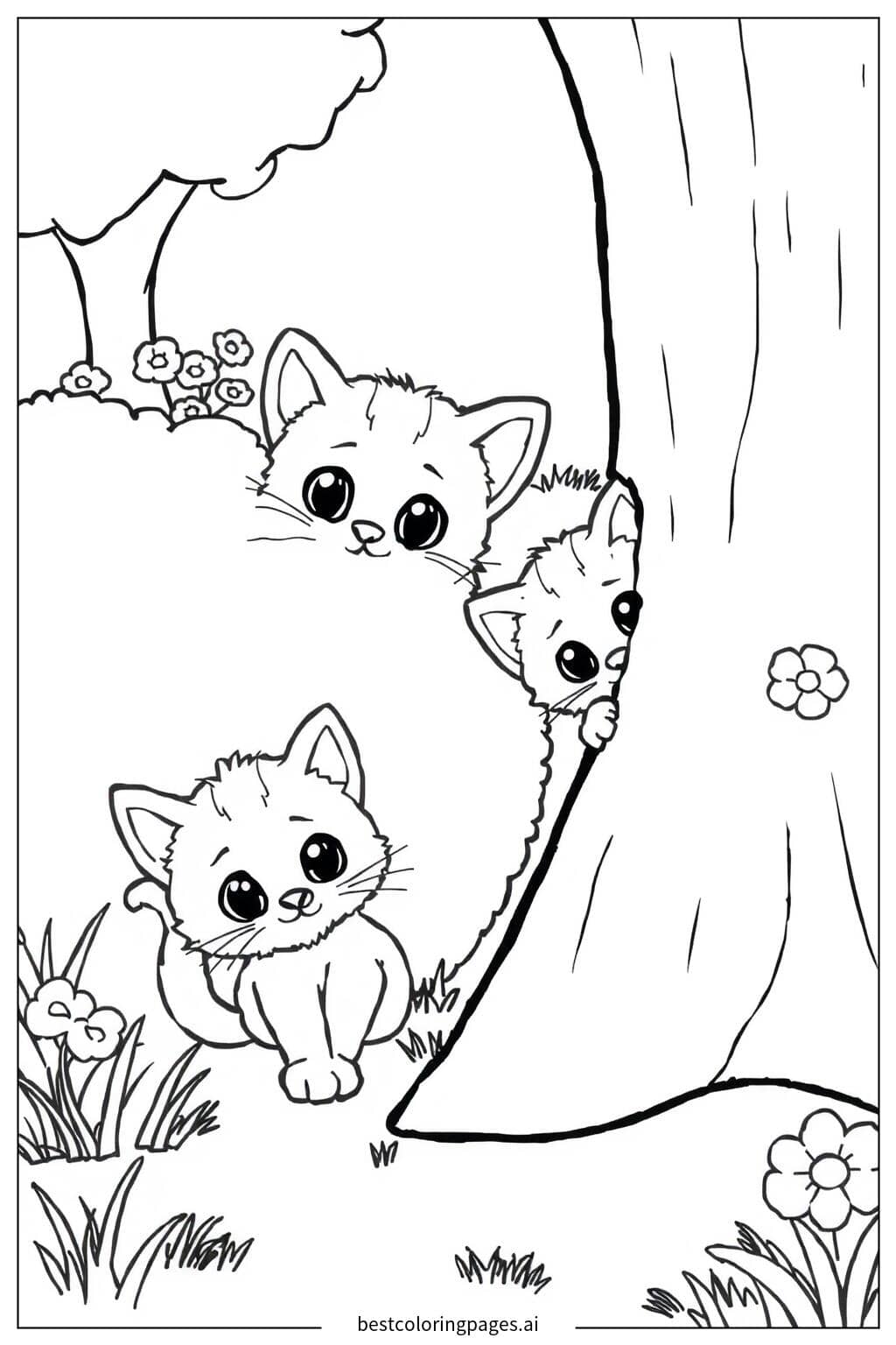Playful Kittens Playing Hide-and-Seek Coloring Page