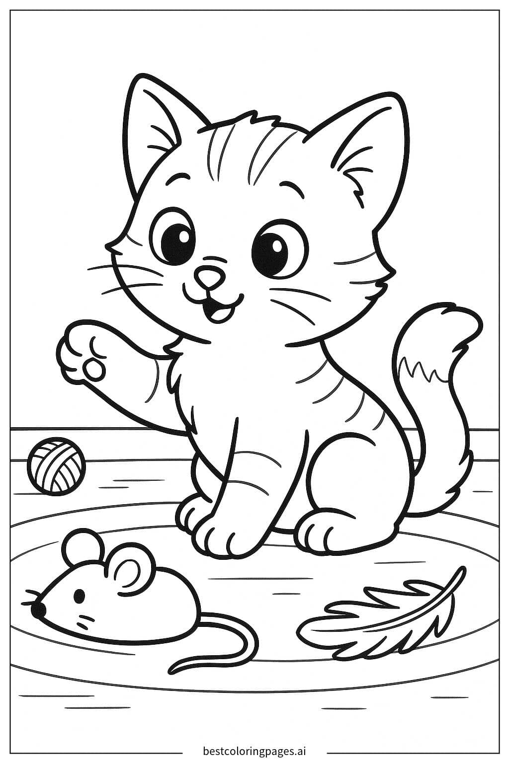 Kitten Playing with a Toy Mouse Coloring Page