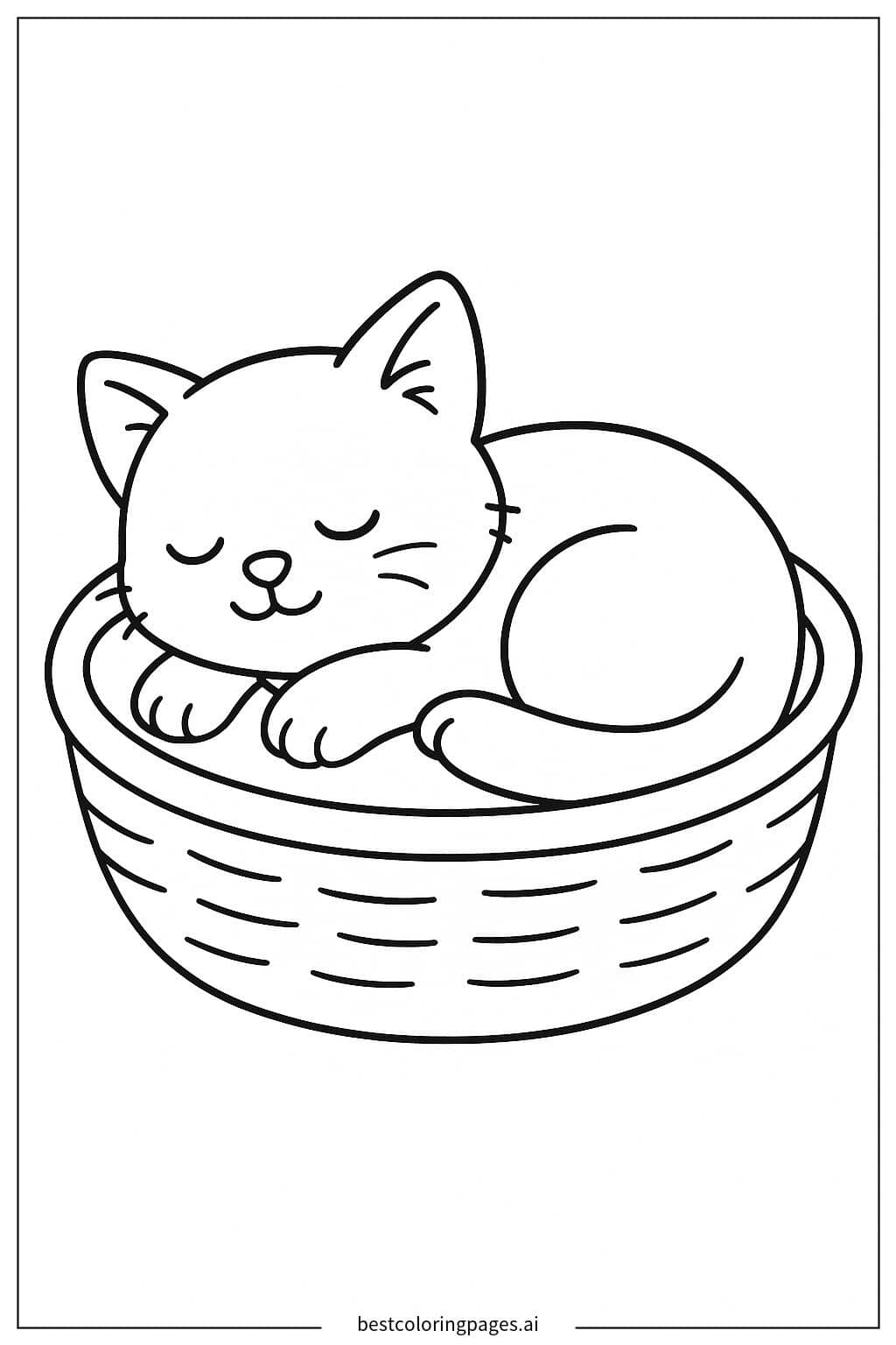 Kitten Sleeping in a Basket Coloring Page