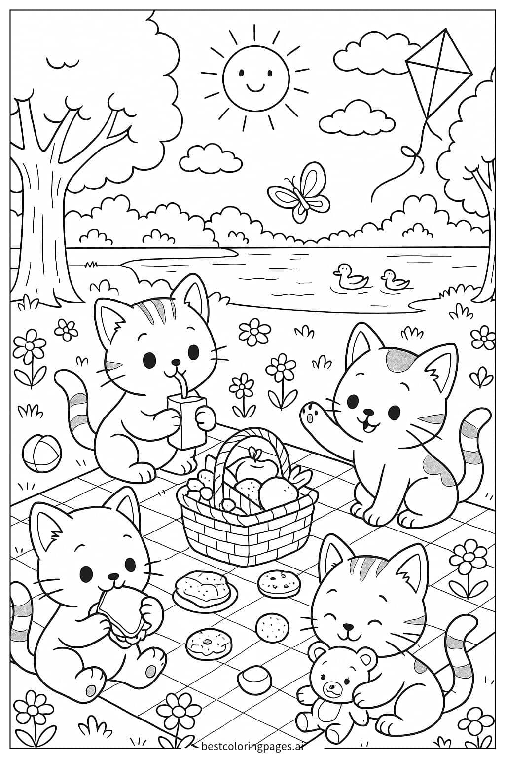 Kittens Enjoying a Picnic in the Park Coloring Page