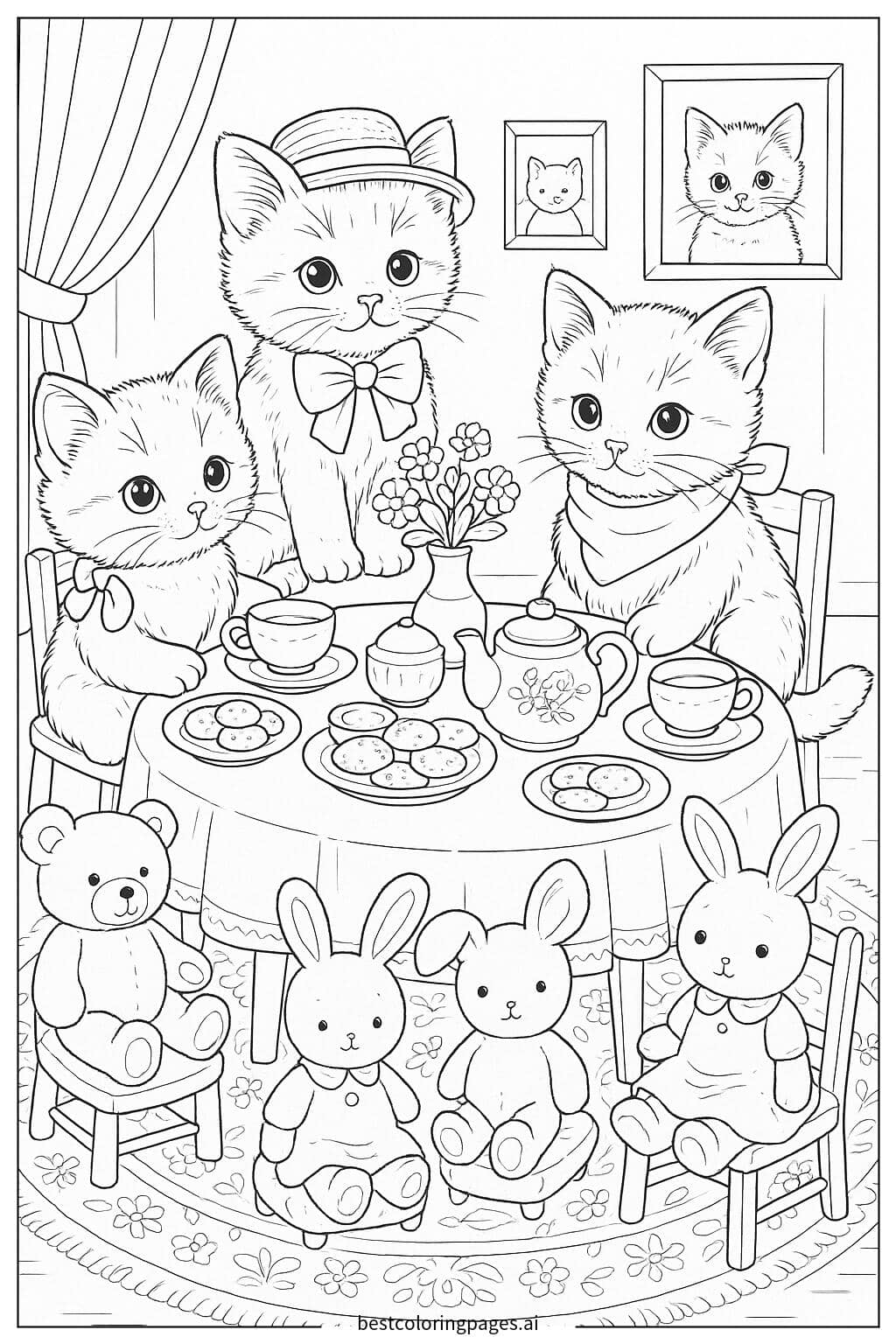 Adorable Kittens Hosting a Tea Party with Plush Friends Coloring Page