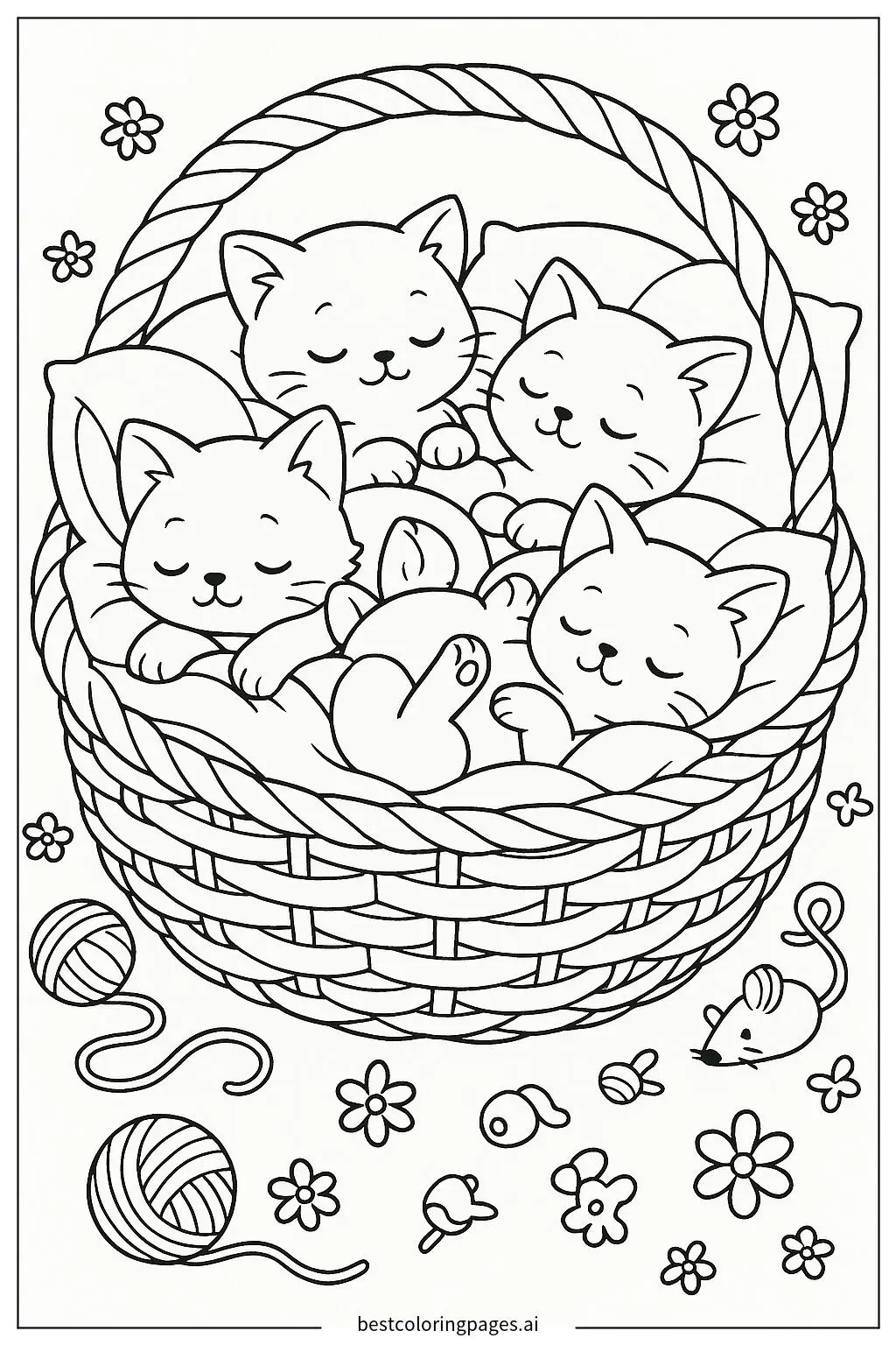 Adorable Kittens Sleeping in a Cozy Basket Coloring Page