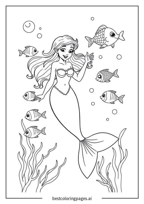 Sirène jouant avec des poissons