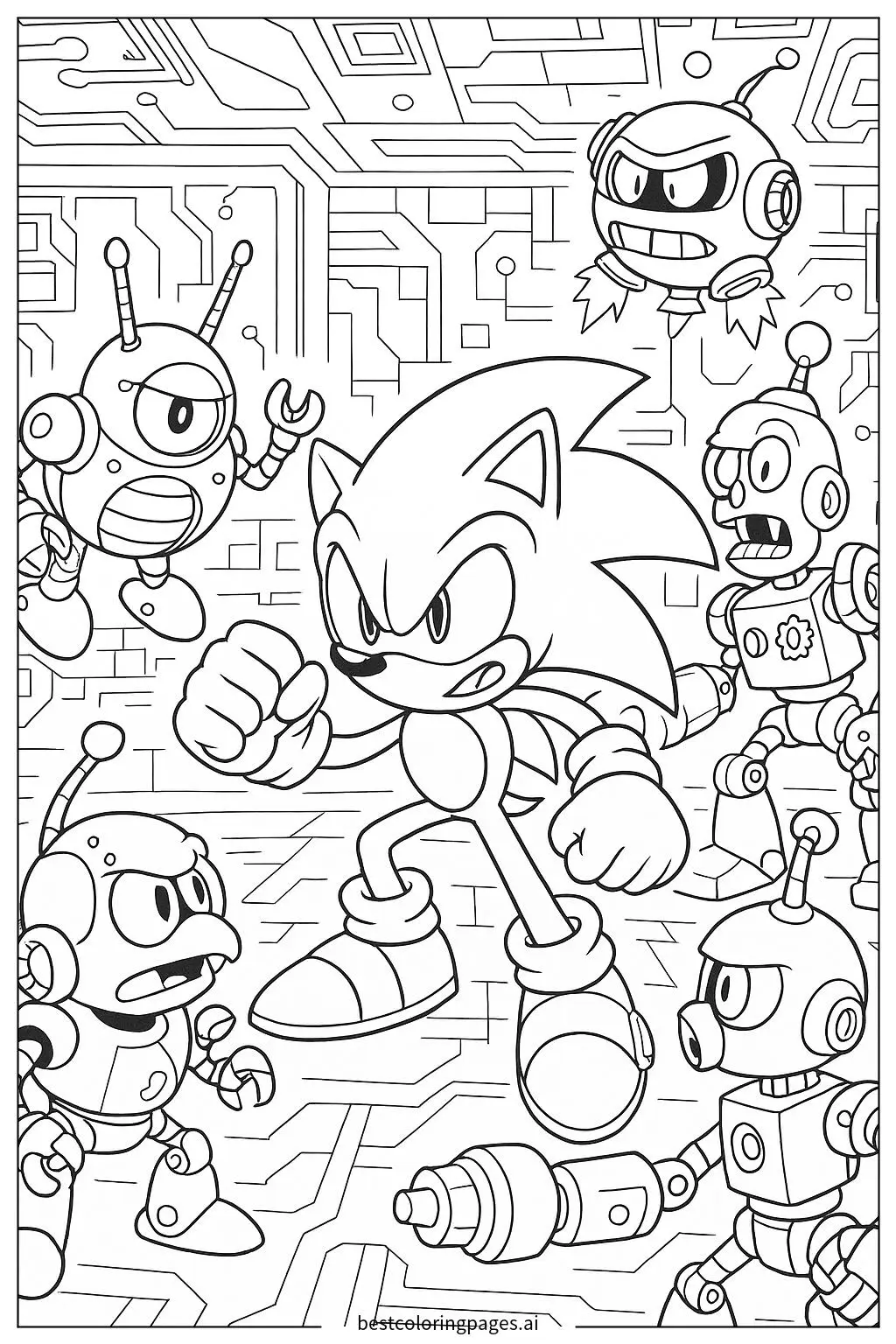 Desenhos de Sonic enfrentando inimigos robôs para Colorir