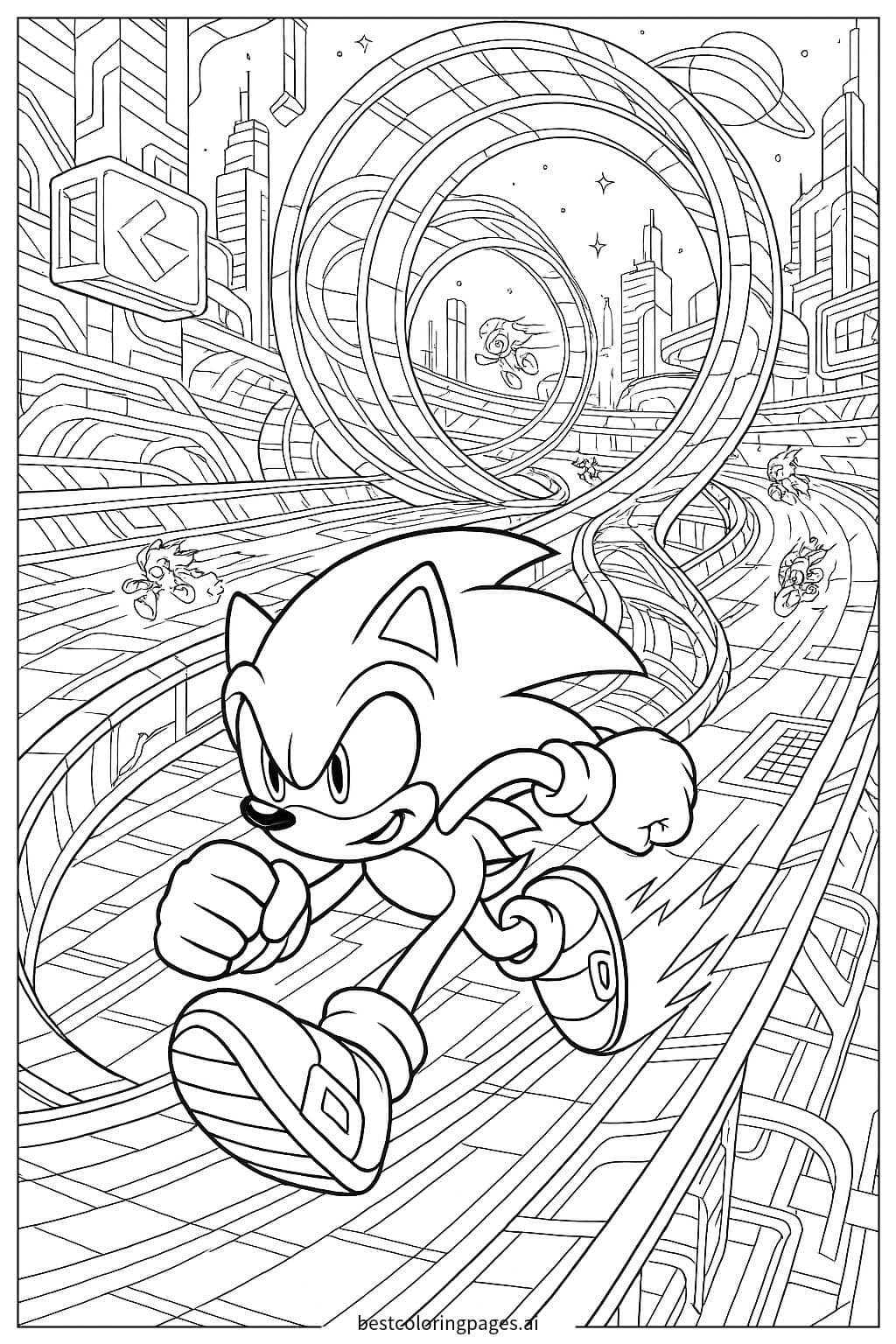 Desenhos de Sonic Correndo em uma Pista Futurista para Colorir