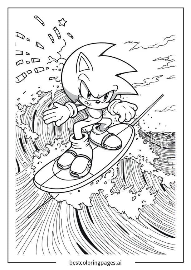 Sonic che fa surf su un'onda