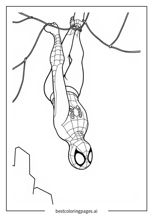 Spiderman bergelantungan terbalik dari jaring