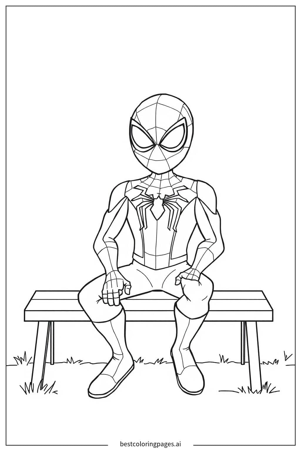 蜘蛛侠坐在长椅上 涂色页