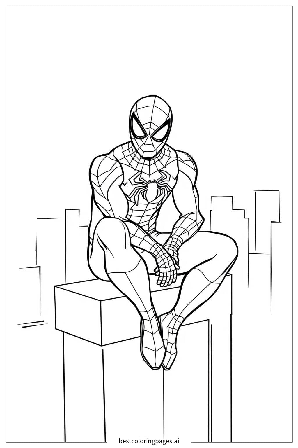 蜘蛛侠坐在建筑边缘 涂色页