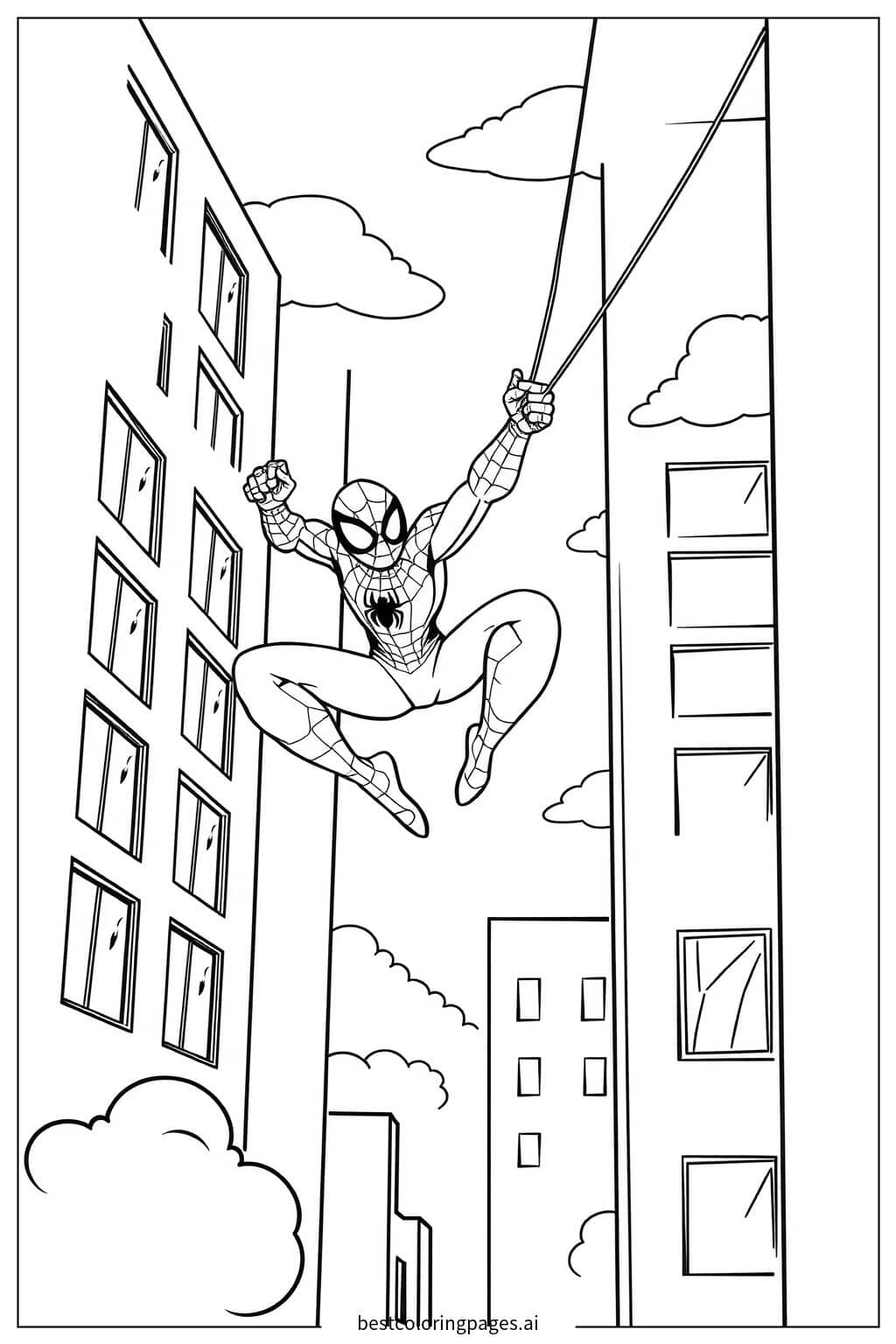 蜘蛛侠在高楼间飞跃 涂色页