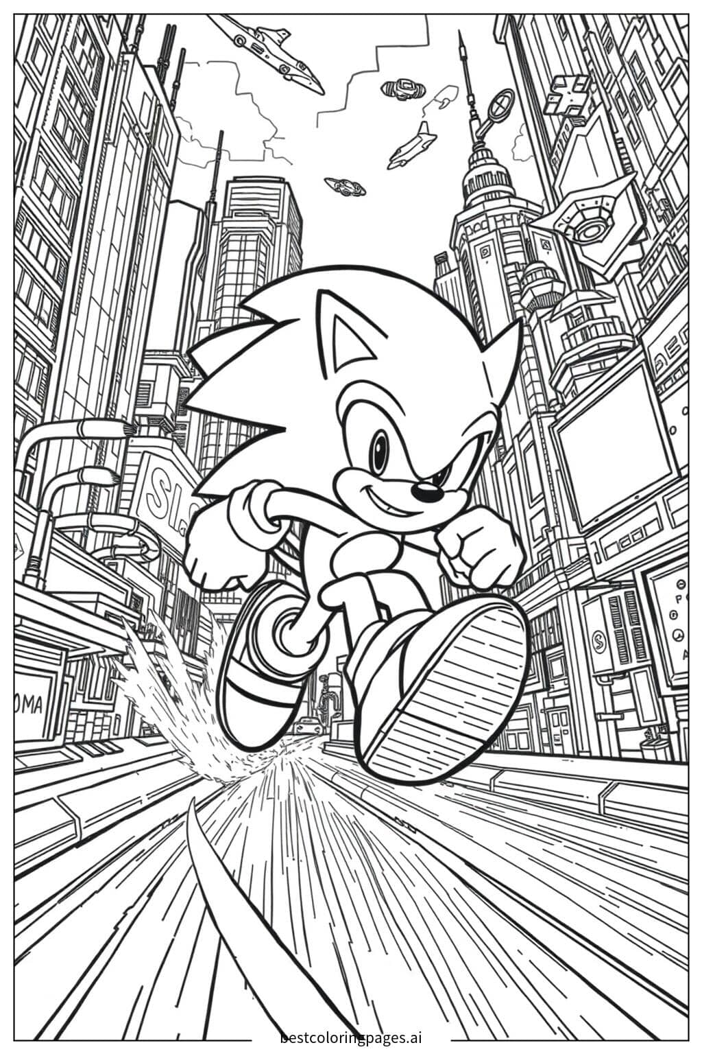 Desenhos de Super Sonic correndo por uma cidade futurista para Colorir