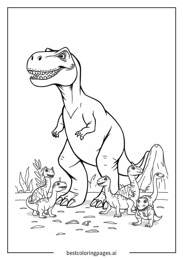 Тираннозавр и группа маленьких динозавров