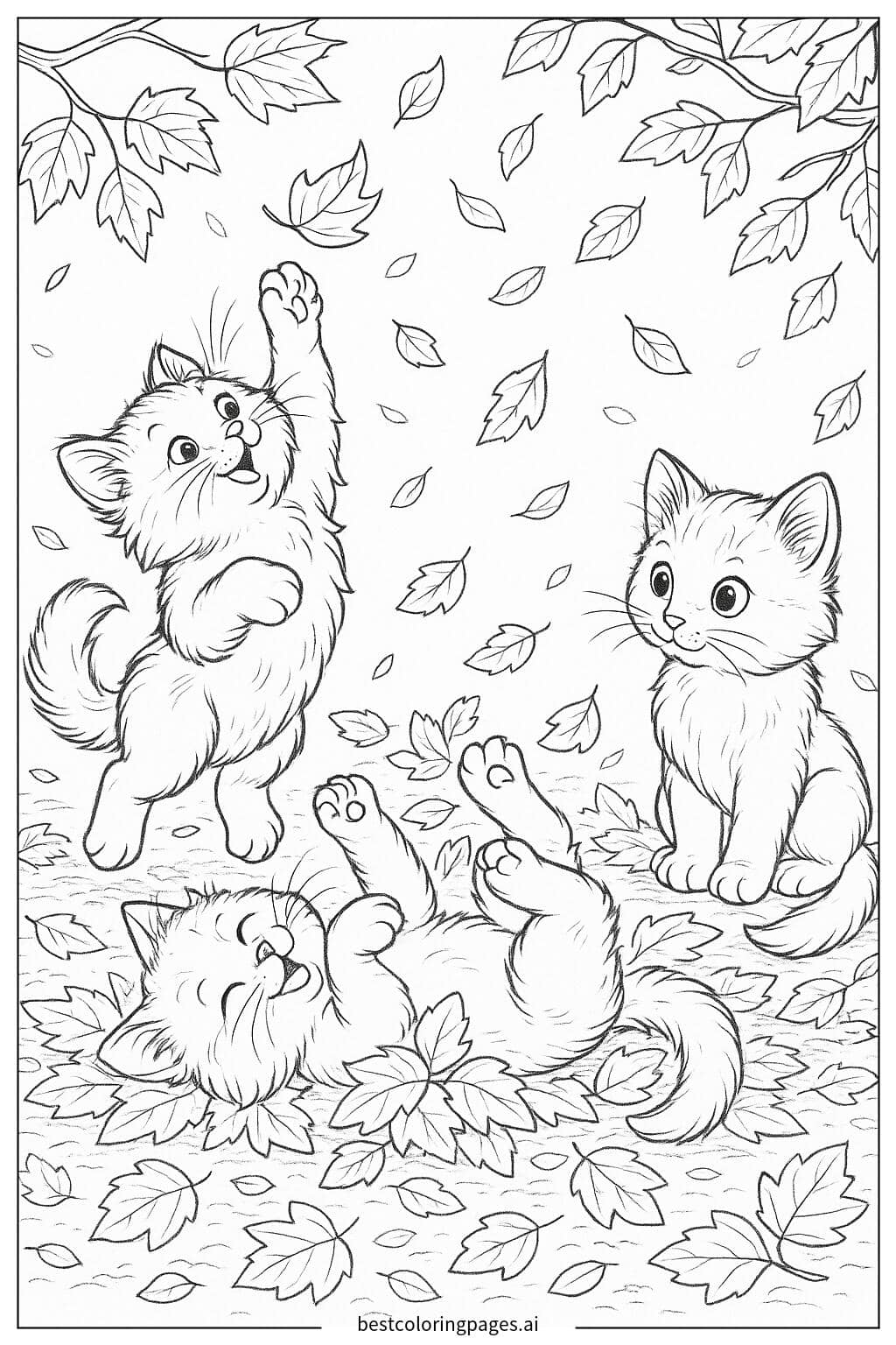 Three Kittens Playing in Autumn Leaves Coloring Page
