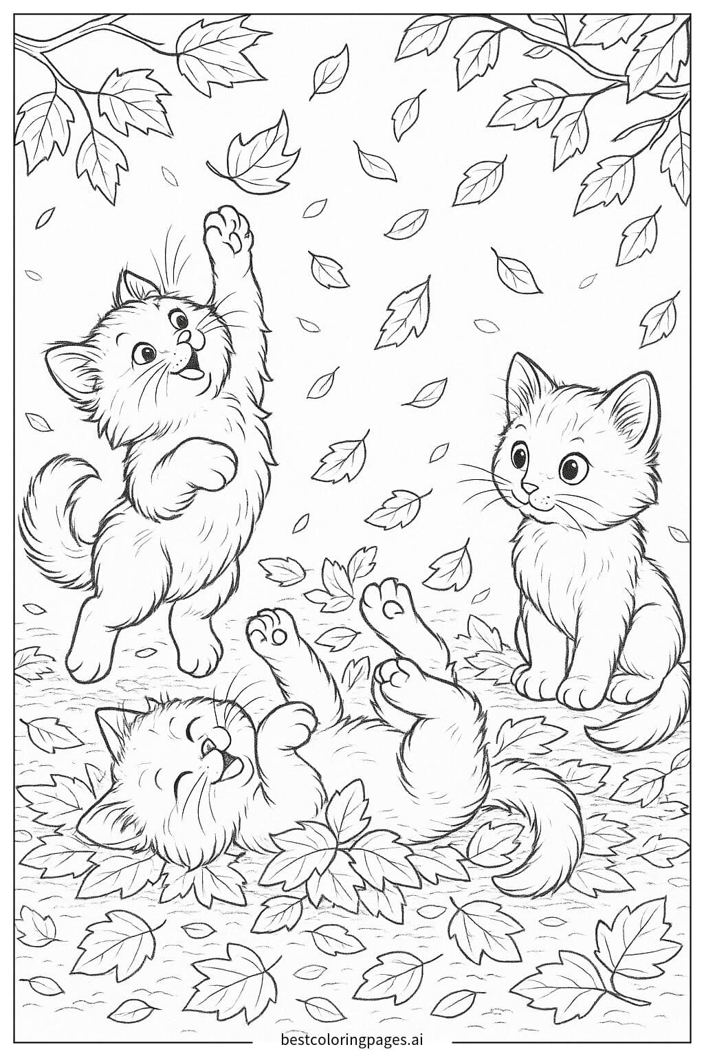 Three Kittens Playing in Autumn Leaves Coloring Page