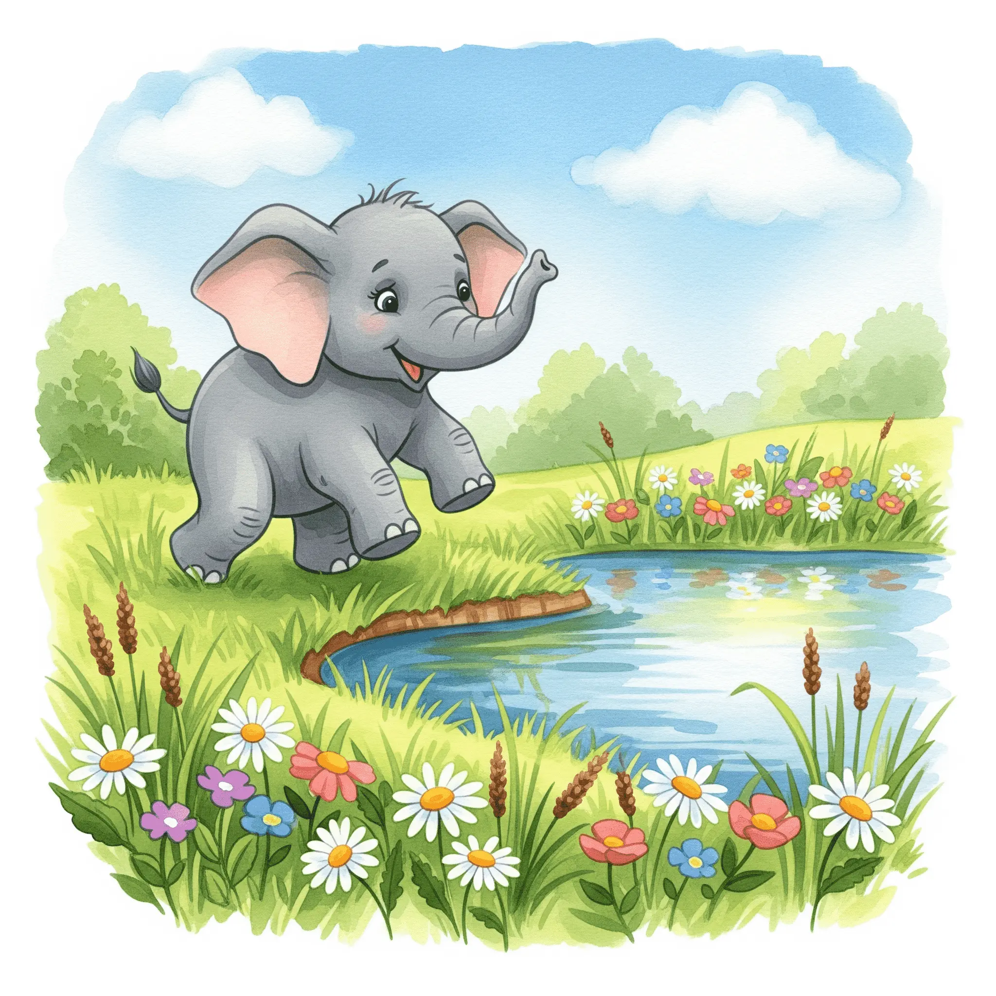 Un bébé éléphant jouant près d'un étang par une journée ensoleillée, avant d'être transformé en page de coloriage.