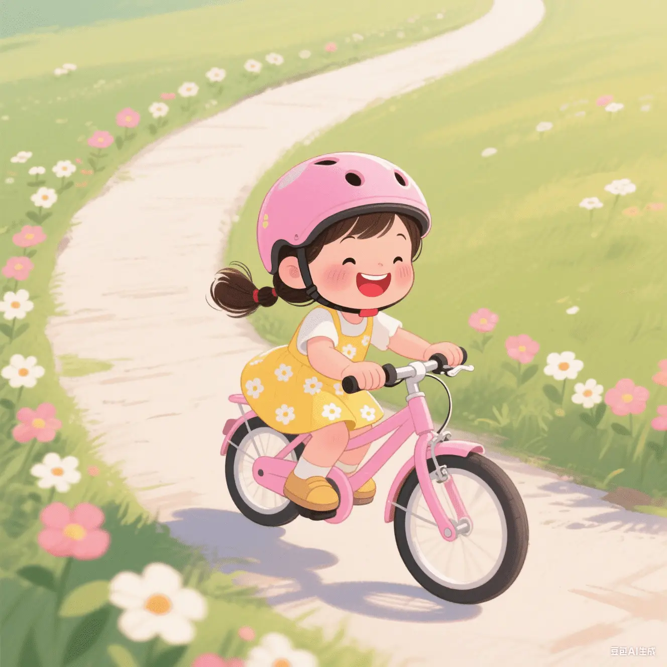 Une fille joyeuse faisant du vélo rose, avant d'utiliser l'outil de photo en page de coloriage.